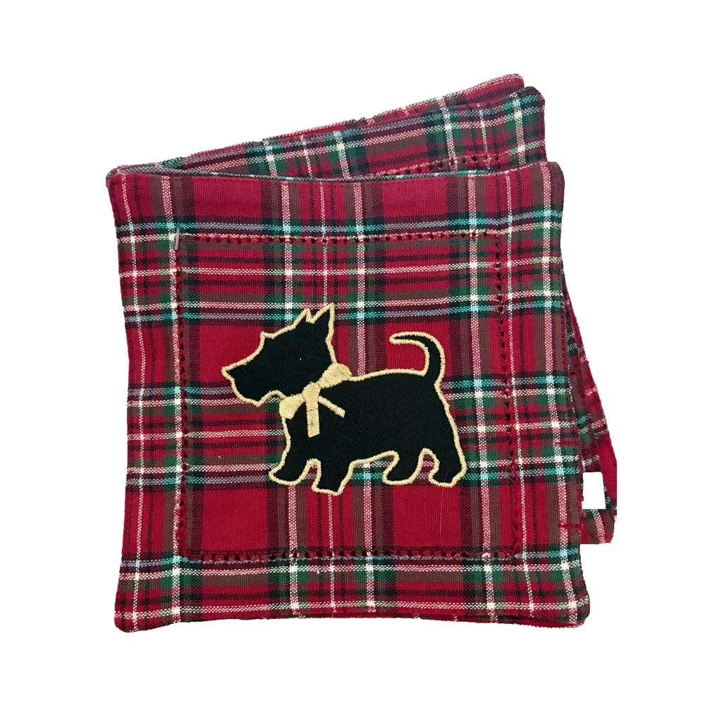 Talbots ~ Red Tartan Plaid Scottie Dog Christmas 4 Cotton Cocktail Napkins ~ New